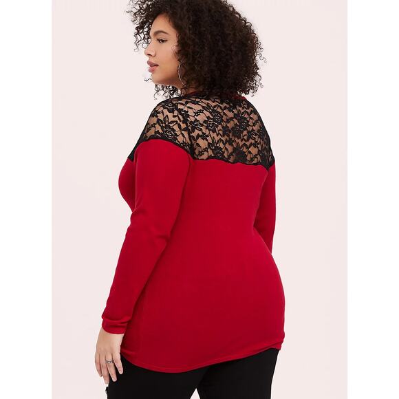 Torrid Womens Sweater Size 00 M 10 Red Knit & Black Lace Yoke Neck Top - Picture 3 of 7